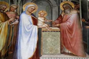 Le baptistère de Padoue. Fresques de plafond du XIVe siècle réalisées par Giusto de Menabuoi. La présentation de Jésus au Temple. Padoue. Padoue, Italie. (photo)