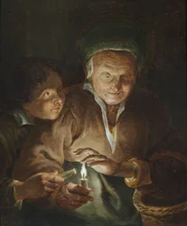 Une vieille femme et un garçon avec des bougies dans un intérieur