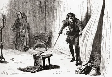 Scène de la pièce de William Shakespeare, Hamlet, Acte III, Scène 4, de Les Œuvres de William Shakespeare, publié en 1896