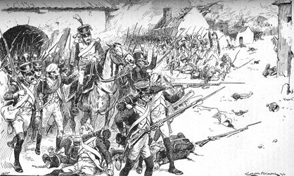 Colonne après colonne forcée dans le village, seulement pour être repoussée, 1896