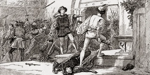 Scène de la pièce de William Shakespeare, Roméo et Juliette, Acte III, Scène 1, de Les Œuvres de William Shakespeare, publié en 1896