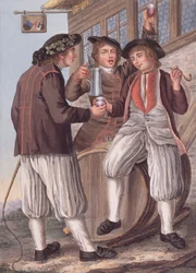 Les trois Bacchus, paysans en costume de la ville de Morat, Suisse (lithographie)