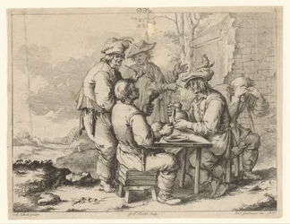Cinq paysans à table en plein air