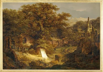 Paysage avec pierre tombale et ruines ...
