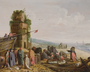 Pêcheurs sur la plage avec leur prise