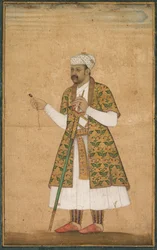 Un courtisan, possiblement Khan Alam, tenant un spinelle et une épée du Deccan, vers 1605-1610