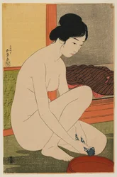 Femme se baignant, époque Taisho, octobre 1915 (estampe en bois en couleur)