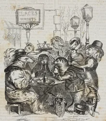 Bêtes assises à la boutique de crème glacée, lithographie de Giovanni Mariani d