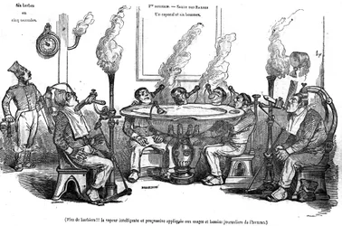 Caricature de Grandville représentant un caporal et ses hommes dans la Salle des Barbes assis avec une machine à vapeur les rasant sans l