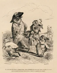 Deux petits lièvres avec leur grande sœur arrêtés par un hibou dans un champ. Un renard en train de chasser se tient derrière eux. Vignettes illustrées par JJ Granville. Gravure signée Brévière dans la partie "Histoire d