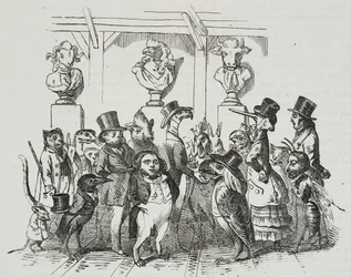 Sortie du théâtre, caricature de Jean-Jacques Grandville (1803-1847), lithographie de Giovanni Mariani de Poliorama Pittoresco, n 39, 7 mai