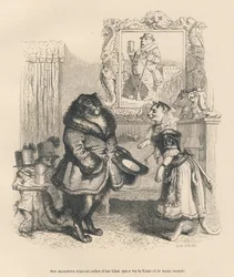 Chat de cour saluant une jeune chatte. Vignettes illustrées par J. J. Grandville. Gravure signée Brevière dans la partie intitulée « Peines de cœur d