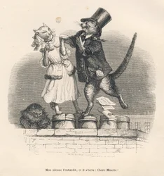 Deux chats se séduisant sur un toit. Gravure signée Andrew, Best et Leloir dans la partie intitulée « Peines de cœur d