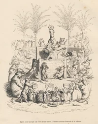 Discours politique du lion dans une tribune entouré de tous les autres animaux. Vignettes illustrées par JJ Granville. Gravure signée Godard dans le prologue "Résumé parlementaire" écrit par PJ Stahl dans "Scènes de la vie privée et publique des animaux"