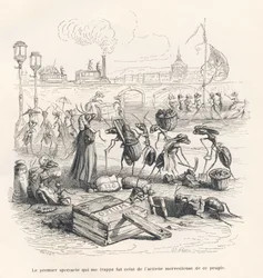 Fourmis en pleine activité sur les berges de la Seine. Vignettes illustrées par JJ Granville. Gravure signée Porret dans "Voyage d