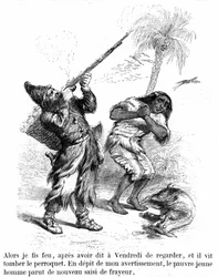 Illustration du roman Robinson Crusoé de Daniel Defoe par Grandville - édition Garnier 1869 p193. Robinson tire avec un fusil devant Vendredi effrayé.