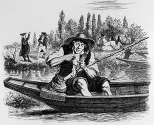 Fable de La Fontaine (par Jean de La Fontaine) : Le petit poisson et le pêcheur, gravure de J.J. Grandville, c. 1838-40