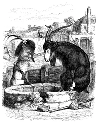 Le renard et le bouc : fable de La Fontaine illustrée par Grandville.