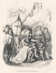 Les jeunes lionceaux reçoivent la bénédiction du roi lion. Vignettes illustrées par JJ Granville. Gravure signée Brévière dans "Voyage d