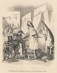 Les requins médecins expliquent leur intervention chirurgicale. Vignettes illustrées par JJ Granville. Gravure signée Godard dans la partie intitulée "Les animaux médecins" écrit par Pierre Bernard in "Scènes de la vie privée et publique des animaux". Pari
