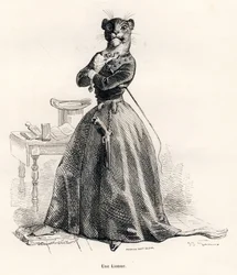 Lionne avec un pistolet et un fouet. Vignettes illustrées par JJ Granville. Gravure signée Andrew, Best et Leloir dans "Voyage d