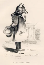 Mon héros était bon à prendre. Vignettes illustrées par JJ Granville. Gravure signée Godard dans la partie intitulée "Un renard pris au piège" écrit par Charles Nodier in "Scènes de la vie privée et publique des animaux". Paris, J. Hetzel et Paulin