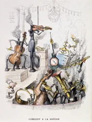 Musiciens transformés en machines et donnant un "Concert à la vapeur" - dans "Un autre monde" par Grandville, fin du 19e siècle.
