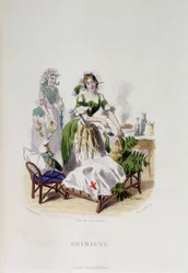 Personnification de la plante médicinale Guimauve soignant une grenouille - dans "Fleurs animées" par Grandville