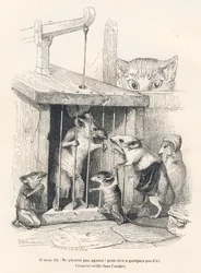 Piège : Chat guettant des souris venues pleurer celui qui a été fait prisonnier. Vignettes illustrées par JJ Granville. Gravure signée Andrew, Best et Leloir dans la partie intitulée "Le rat philosophe" écrit par Edouard Lemoine in "Scènes de la vie privée