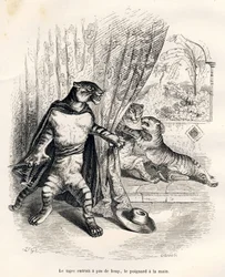 Tigre entrant sur scène le poignard à la main. Vignettes illustrées par JJ Granville. Gravure signée Godard dans la partie intitulée "Le premier feuilleton de Pistolet" écrit par Jules Janin in "Scènes de la vie privée et publique des animaux". Paris, J. H