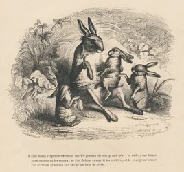 Trois enfants lapins écoutant leur grand-père blessé raconter des histoires. Vignettes illustrées par JJ Granville. Gravure signée Brévière dans "Histoire d