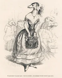 ... hors du théâtre, ces animaux-là sont encore plus laids. Vignettes illustrées par JJ Granville. Gravure signée Godard dans "Le premier feuilleton de Pistolet" écrit par Jules Janin dans "Scènes de la vie privée et publique des animaux"