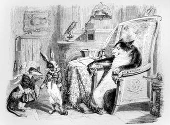 Le Chat, la Belette et le Petit Lapin, illustration pour les Fables de La Fontaine (1621-95), publiée par H. Fournier Aîné, 1838