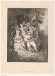 Paysage de parc avec des personnages de théâtre donnant une sérénade à une dame