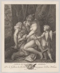 Vénus pleurant Adonis, assise sous un arbre et l