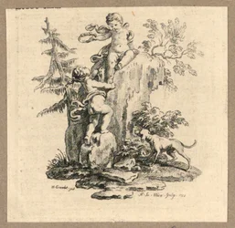 Cupidon et une fille sur un rocher