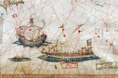 Détail de grands mâts de navires de la Carte Nautique par Grazioso Benincasa, à la Bibliothèque Universitaire de Bologne