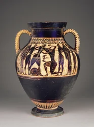 Amphore attique à figures noires attribuée à Lydos avec Thésée tuant le Minotaure, 550-40 av. J.-C.