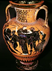 Vase à figures noires attiques représentant Synthos, Déméter, Hermès et le passeur, c.535-540 av. J.-C.