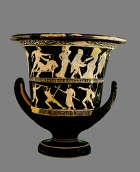 Calyx-cratère à figures rouges attiques décoré de scènes des aventures de Thésée, par le peintre Dinos, vers 425 (céramique)