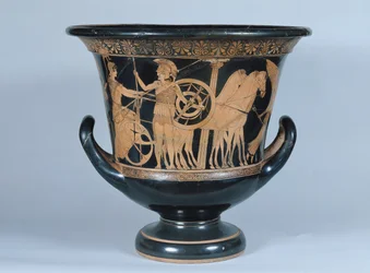 Cratère à figures rouges attique représentant un Hoplite partant pour la guerre
