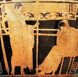 Skyphos attique par le peintre de Thelemacus représentant Pénélope et Télémaque
