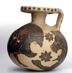 Aryballos sphérique à figures noires corinthiennes représentant des animaux, période corinthienne moyenne (600-575 av. J.-C.)