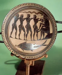 Coupe montrant Ulysse aveuglant Polyphème, poterie à figures noires, Civilisation grecque, VIe siècle av. J.-C.