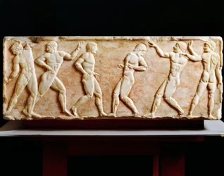 Civilisation grecque, Stèle représentant des athlètes au gymnase, De la nécropole de Kerameikos à Athènes, Grèce, 510 av. J.-C.