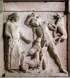 Magna Graecia : métope avec Artémis et Actéon, relief en pierre, Ve siècle av. J.-C.