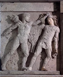 Magna Graecia : métope avec Héraclès et Amazone, relief en pierre, Ve siècle av. J.-C.