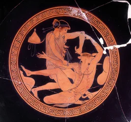 Minotaure tué par Thésée - vase grec conservé au Musée archéologique de Florence. Intérieur de la coupe pentique à figures rouges, peintre de Dokimasia. 480 av. J.-C.