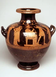 Peinture sur vase : représentation de Jupiter (Zeus) trônant au centre. Au-dessus de sa tête apparaît Athéna armée (naissance d