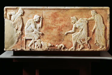 Stèle représentant un combat entre un chien et un chat, 510 av. J.-C. (relief)